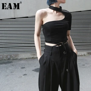 EAM 2022 Новинка Весна Лето круглый вырез короткий рукав открытая спина необычная короткая футболка женская мода JX391