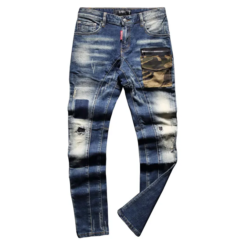 European American Street Fashion Men Jeans Retro Blue Camouflage Pocket Designer Slim Ripped Jeans Men Hip Hop Denim Punk Pants