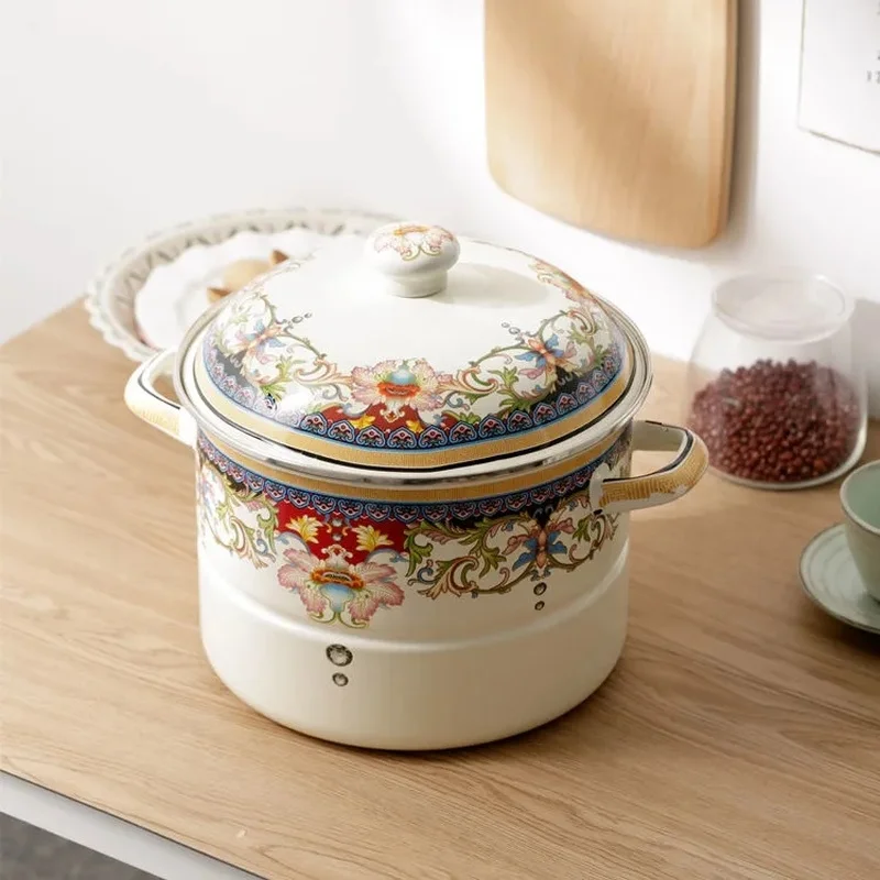 

Enamel Enamel Steamer Thickened Flat-bottomed Soup Pot Stew Pot Induction Cooker Gas Universal Steamer with Steamer Cooking Pot
