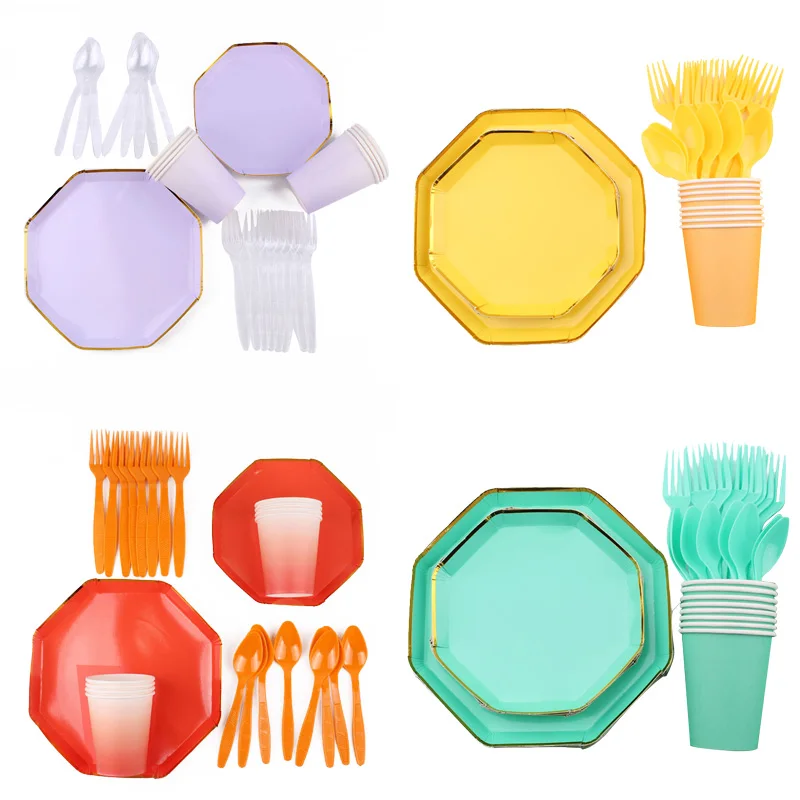 

40Pc/Set Bronzing Eight Sides Disposable Tableware Party Table Decoration Baby Shower Cup Plates Wedding Birthday Party Supplies