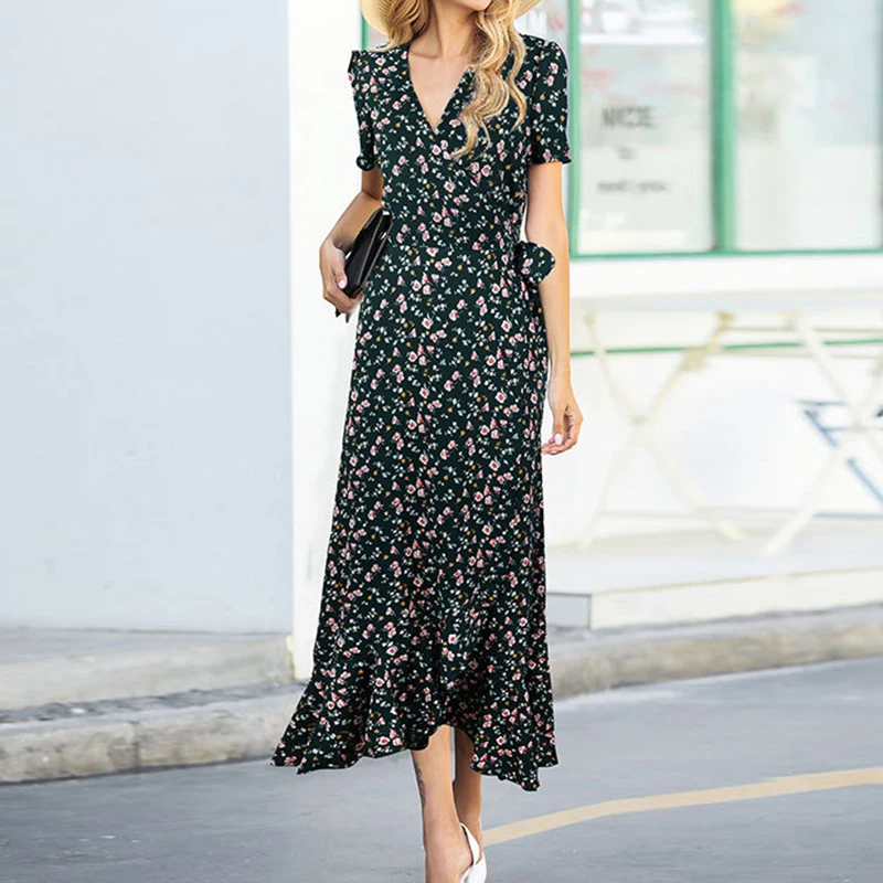 Women Polka Dot Dress Summer Sexy V-neck Beach Boho Long Short Sleeve Ruffle Frill Wrap Vestidos Femme | Женская одежда