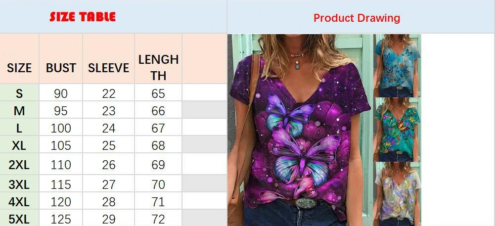 

2021 T Shirts Women Summer Short Sleeve Butterfly Printed V-Neck Tops Casual Loose Plus Size Streetwear Pullover Top Tee