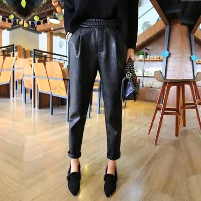 Черные брюки из искусственной кожи женские широкие Pantalon Femme однотонные с высокой