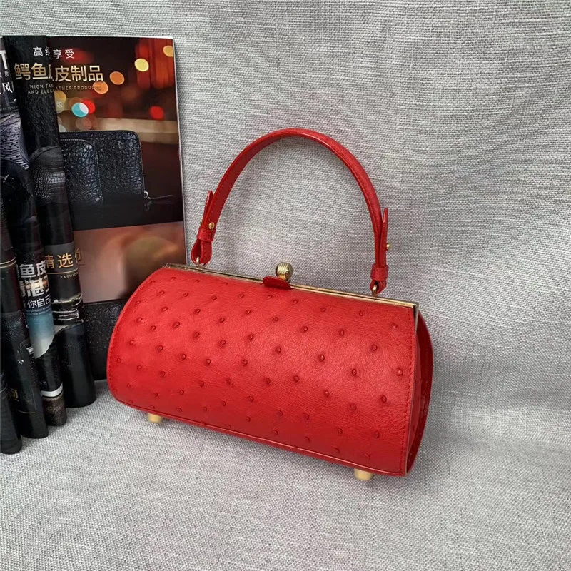 

Authentic Real Ostrich Skin Lady Frame Purse Exotic Genuine Leather Wome's Small Kiss Lock Handbag Female Cross Shoulder Bag