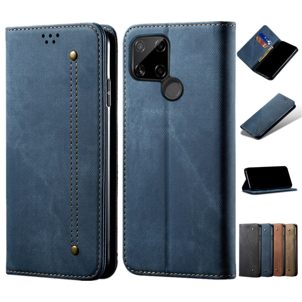 

Luxury Leather Flip Case For OPPO Realme C20 V15 8 Pro C21 C25 C12 7 C15 C11 Narzo 30A Denim Pattern Phone Fundas Magnetic Cover