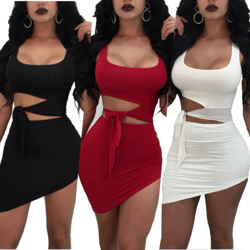 

Party Mini Dresses Nightclub Women's Sexy Waist Hollow Out Strap Sleeveless Tank Solid Color Bodycon Short Skirt Summer 2021 New