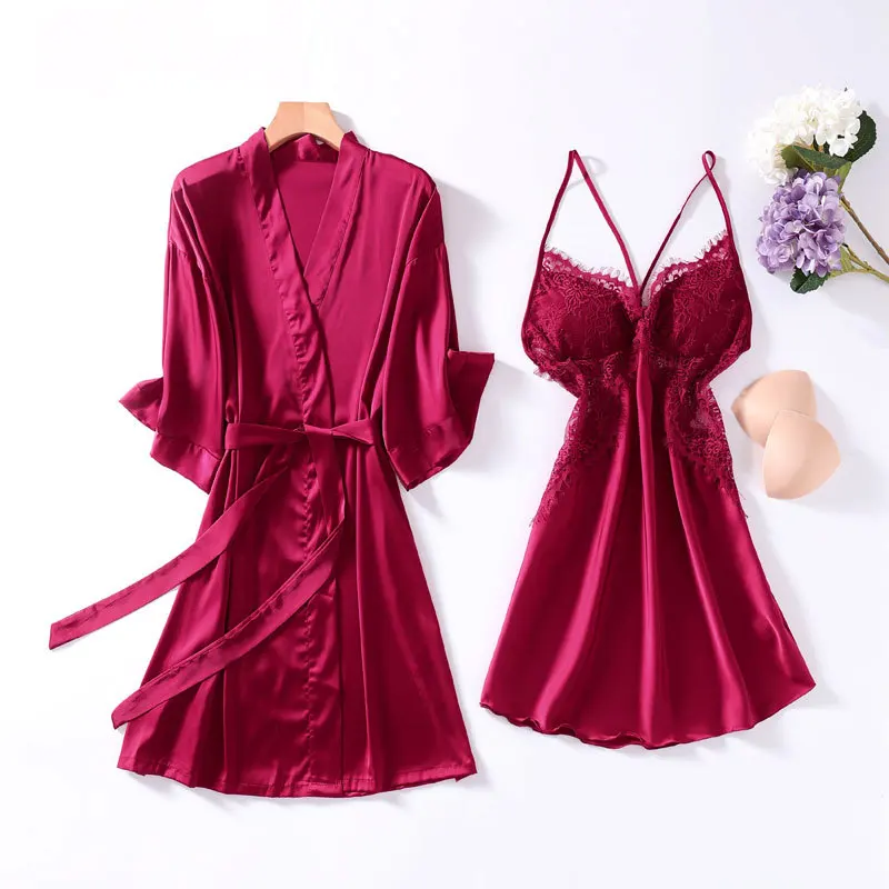 

Satin Women Sexy Robe Set Nightgown Faux Silk 2PCS Sleepwear Kimono Bathrobe Gown Lace Patchwork Intimate Lingerie Homewear