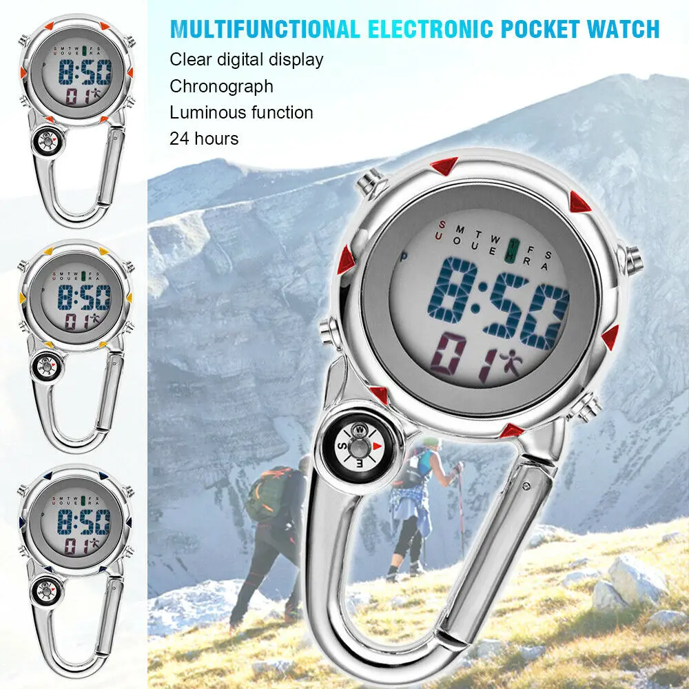 Blue/Red/Yellow/Orange Optional Alloy Multifunctional Louminous Backpack Clip On Band Carabiner Digital Sports Fob Hiking Watch