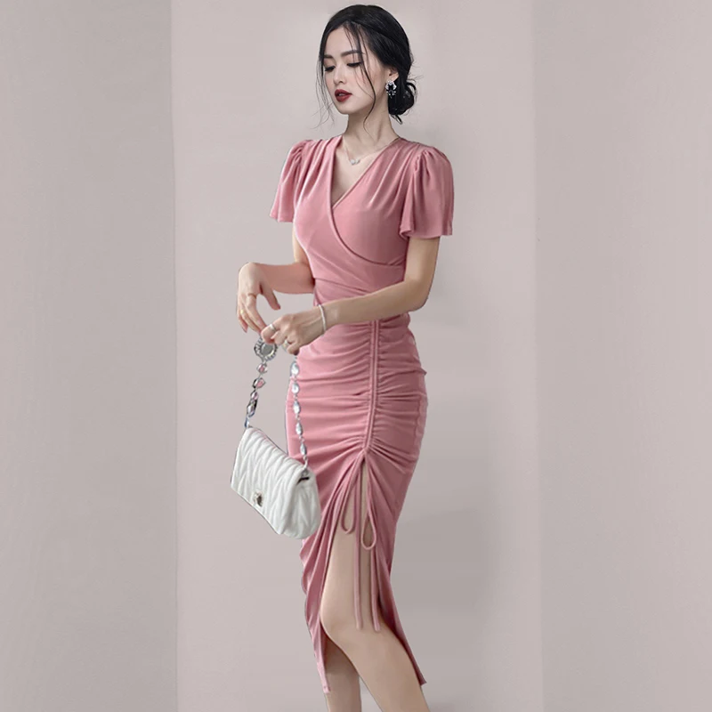 

COIGARSAM Sexy Women dress New Summer Pleated High Waist Dresses Pink 412