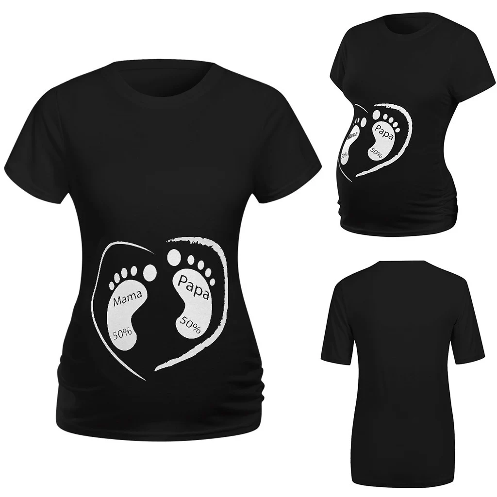 Black Baby Foot Plus-size Summer Print Maternity Clothing Short Sleeve Pregnant Tops Women Soft Slim Casual Maternity T-shirt