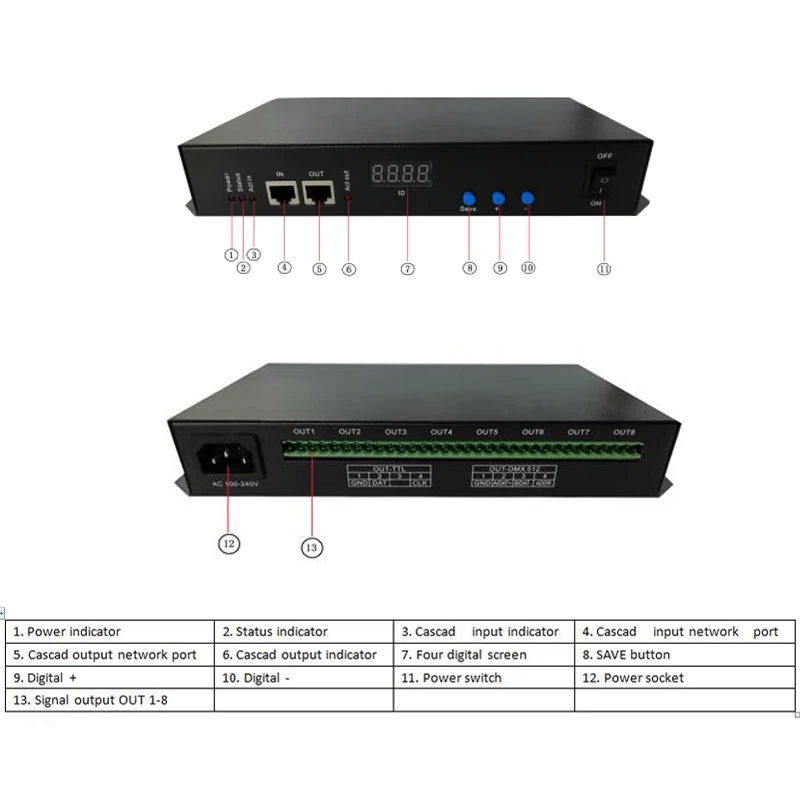 

T-700K;off-line slaver controller(need to work with master vedio player TJZK-V2 or XB-808-A);8 ports output; AC100-240V input