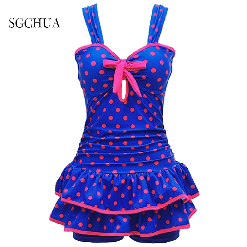 Plus Size Ladies Swimwear With Skrit Two-Piece Tankini Polka Dot Bodysuit Women Vintage Consercative Swimwear  Fat  BathingSuit
