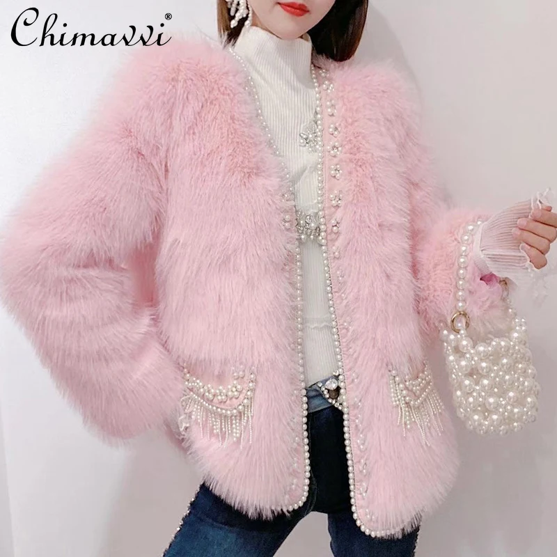 

Faux Fur Coat Women 2021 Winter Clothes Korean Fashion Sweet Heavy Beads Imitation Fox Fur Thickened Warm Plush Overcoat