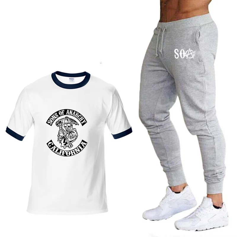 

Hot TV SOA Sons of Anarchy Cosplay Costume Men T-shirt Skull Print high quality Cotton Short sleeve T-Shirts+pants suit