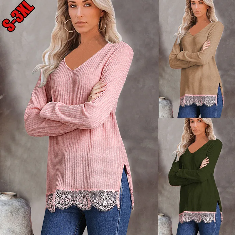 

Fashion Women Spring Autumn T-Shirts Color Matching Design Lace Decor V-Neck Long Sleeve Casual Loose Pullovers Knitted Top