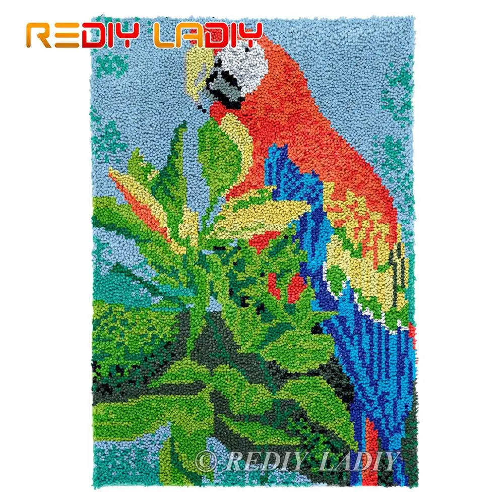 

Latch Hook Kits Red Blue Parrots Chunky Yarn Embroidery Crocheting Tapestry Kits Needlework Arts & Crafts DIY Carpet Rug 58*85cm