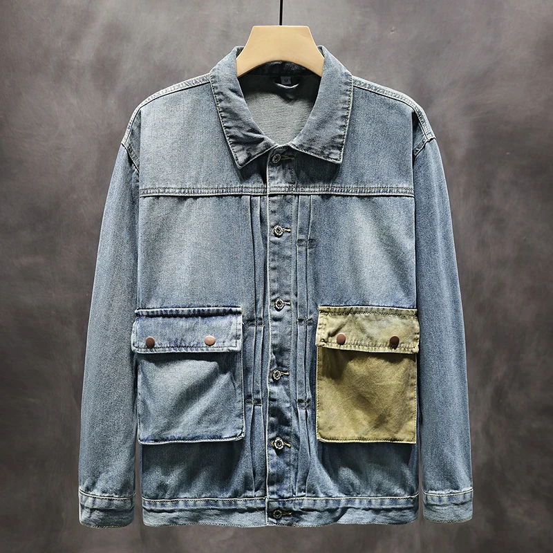 

Мужская джинсовая куртка в стиле хип-хоп, с карманами