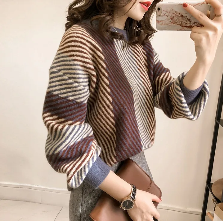 Женский трикотажный свитер в полоску Повседневный пуловер свободного покроя