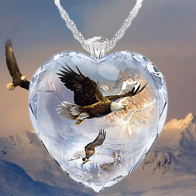 

Heart Shaped Crystal Glass Snow Mountain Flying Eagle Pendant Necklace Women's Necklace Animal Bird Accessories Party Girl Gift