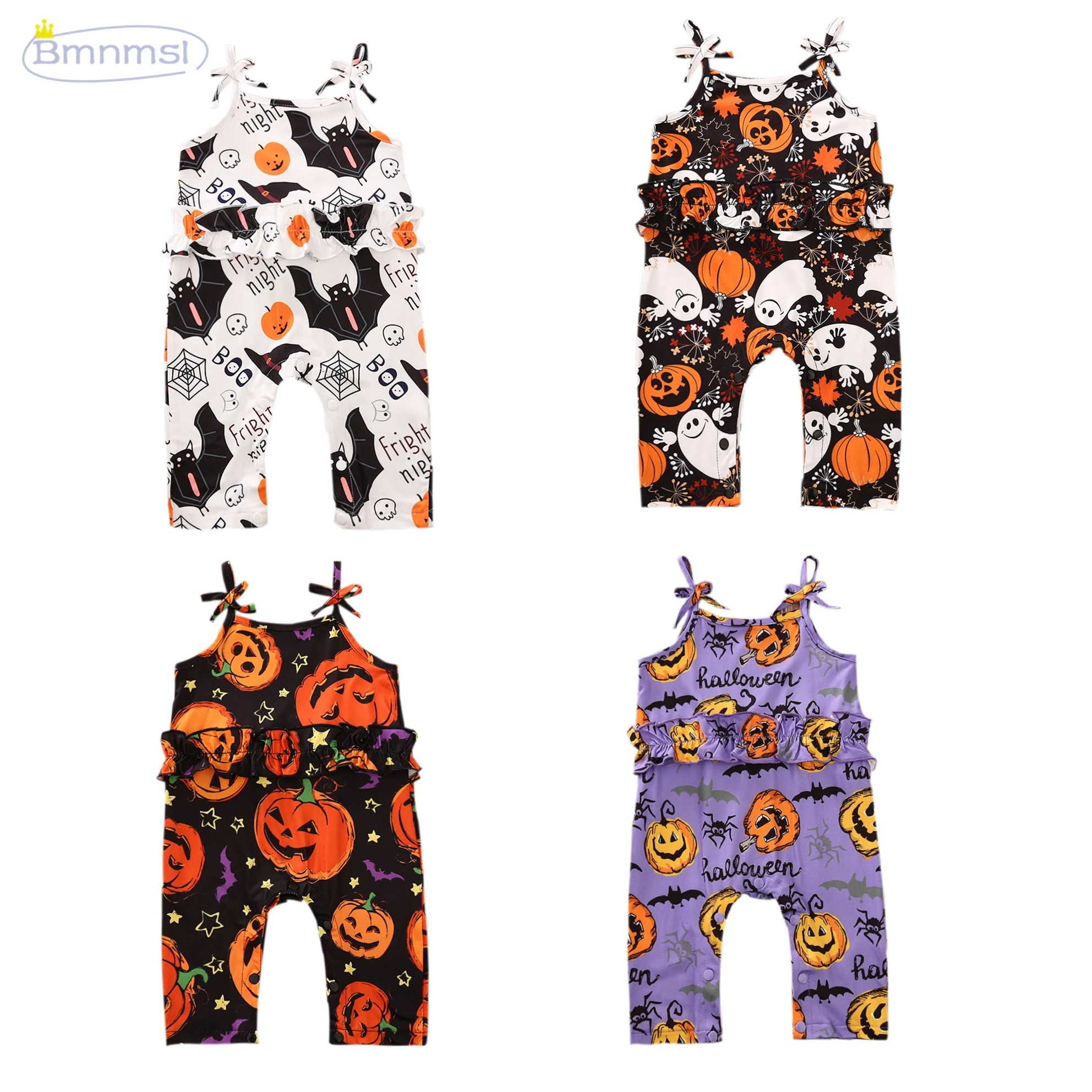 

0-24M Newborn Baby Boys Girls Halloween Romper Tied Spaghetti Straps Sleeveless Jumpsuit with Cartoon Pumpkin Ghost Prints