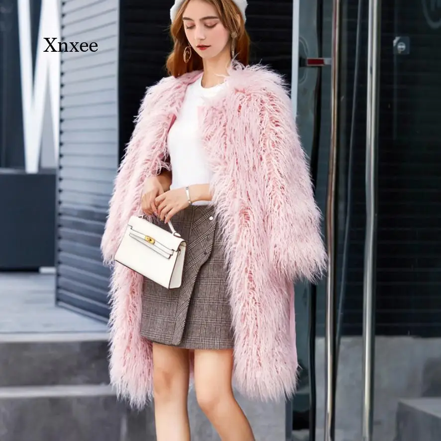 Long Faux Sheep Fur Coat Sweet 2021 Elegant Winter Coat Women with Belt Luxury Fluffy Pink Jacket Fur Faux Fur Ladies Streetwear