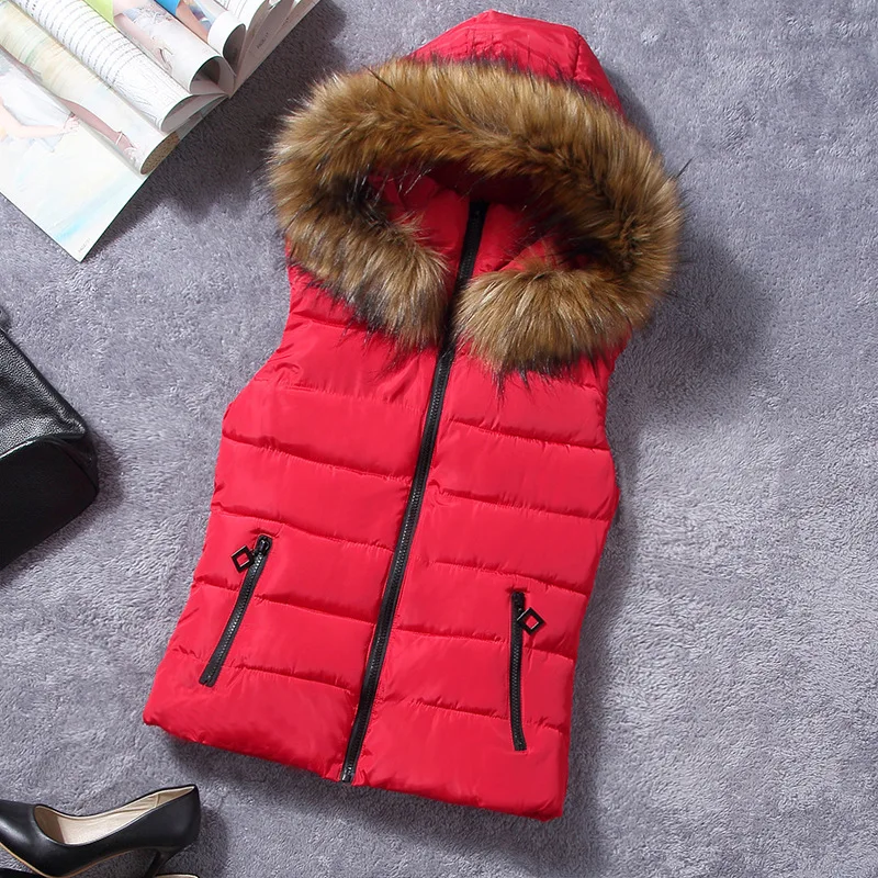 

Autumn and Winter Women's Warm Cotton Vest Korean Style Sleeveless Cotton Padded Jackets Big Fur Collar Fashion Hooded Waistcoat