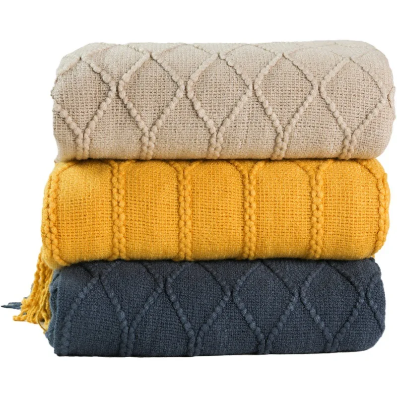 

Knitted Blanket Solid Color Waffle Embossed Blanket Nordic Decorative Blanket for Sofa Bed Throw Chunky Knit Blanket