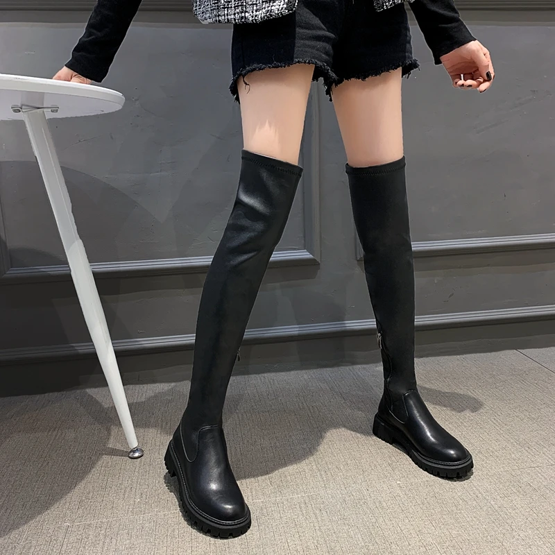 

DLEK Zipper Decoration Over The Knee Boots Female PU Waterproof Temperament Platform Boots Spring Autumn Solid Shoes