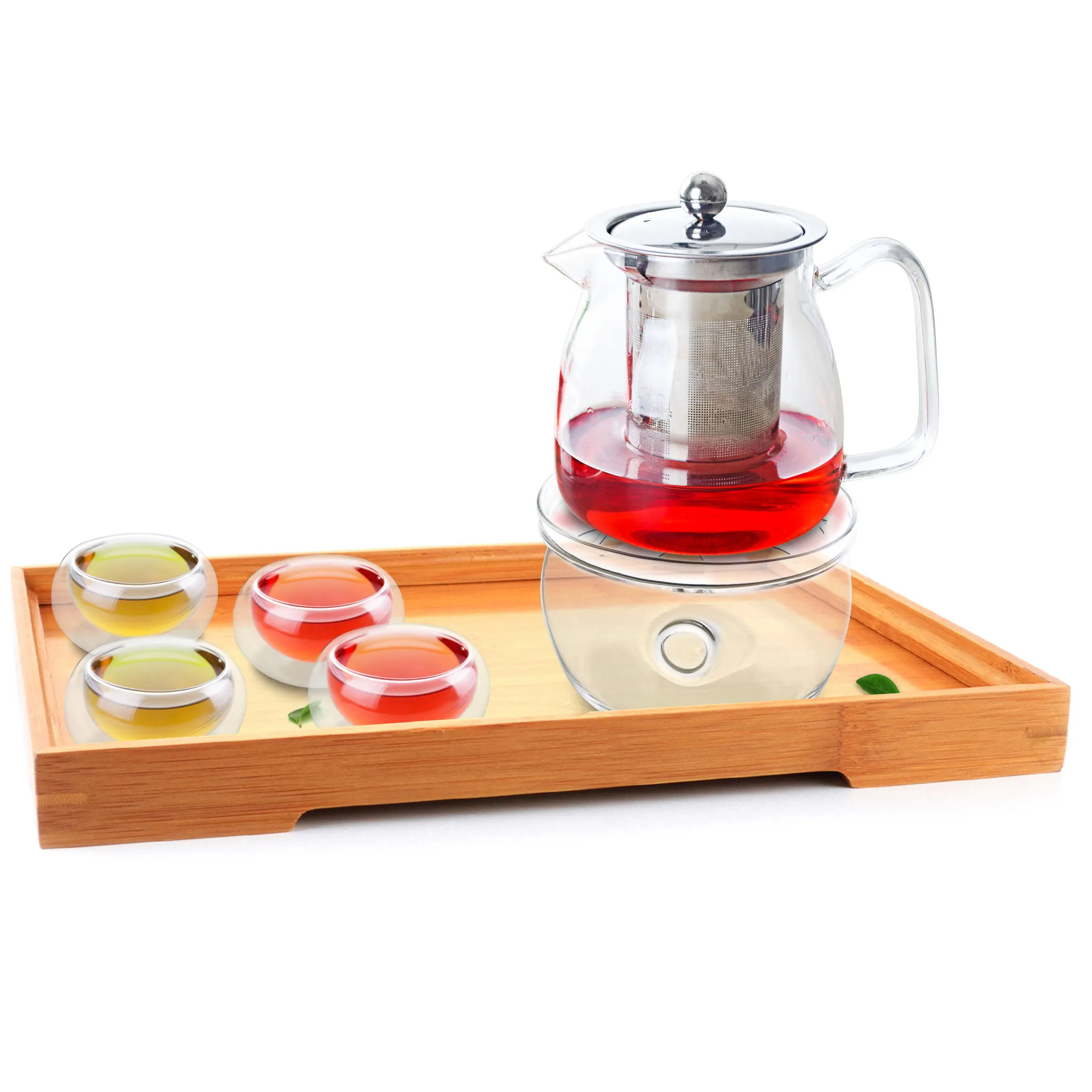 

Stainless Steel Filter Tea Pot & 4PC Cute Cups & Warmer & Bamboo Tray Set