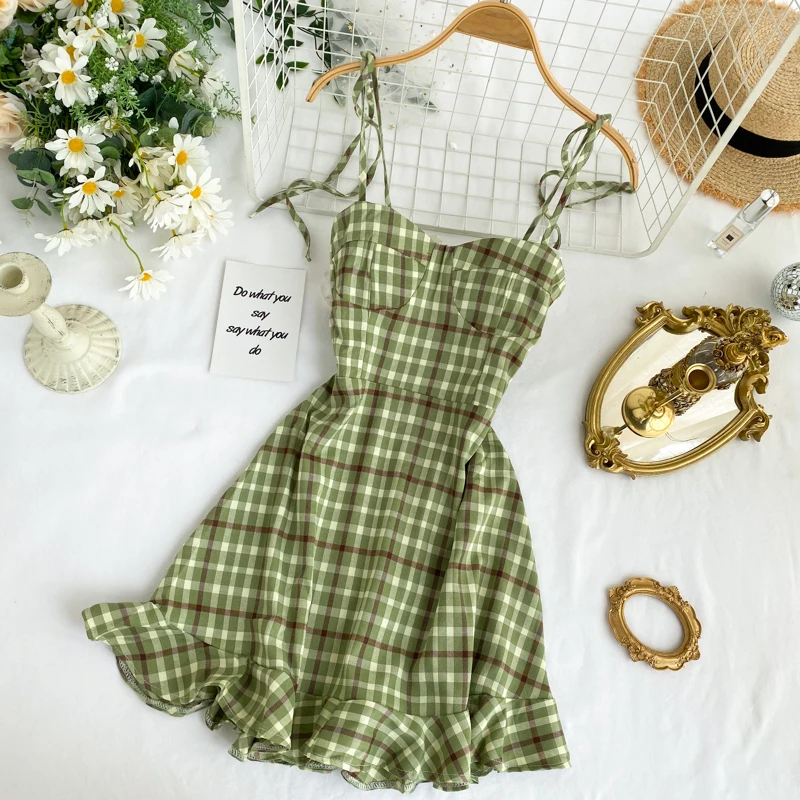 Женское клетчатое платье на бретельках с открытой спиной без рукавов|Женские
