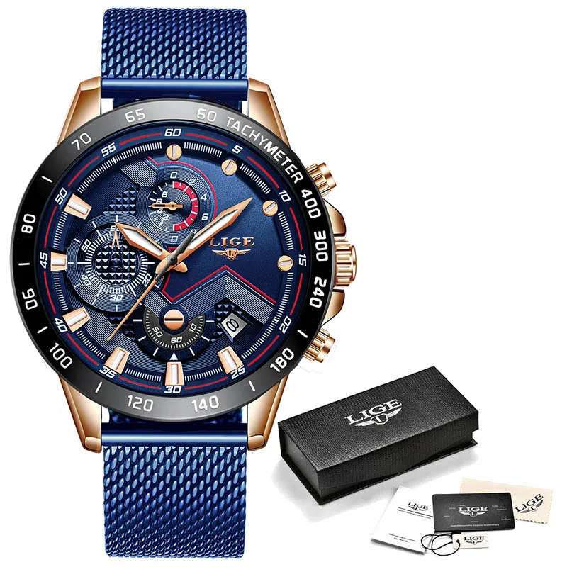Rose gold blue Новинка LIGE спортивные хронограф мужские часы лучший бренд класса люкс полный стальной кварцевые часы водонепроницаемые часы с большим циферблатом Relogio Masculino+ коробка - Цвет: Rose gold blue