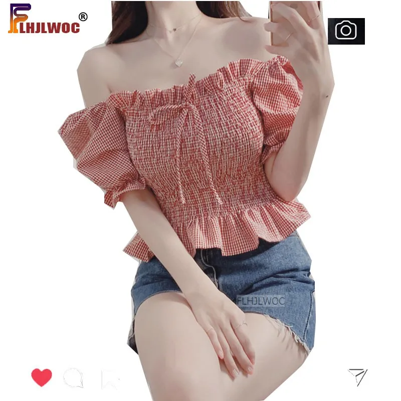 

Red Plaid Shirts Blouses New Design Korea Chic Fashion Clothing Short Crop Peplum Off Shoulder Top Camisas Flhjlwoc