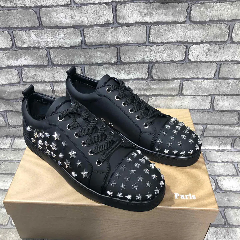 

Low Top Black Genuine Leather Five Pointed Star Rivets Red Bottom Shoes Men Flats Casual Sports Loafers Woman Sneakers Spikes