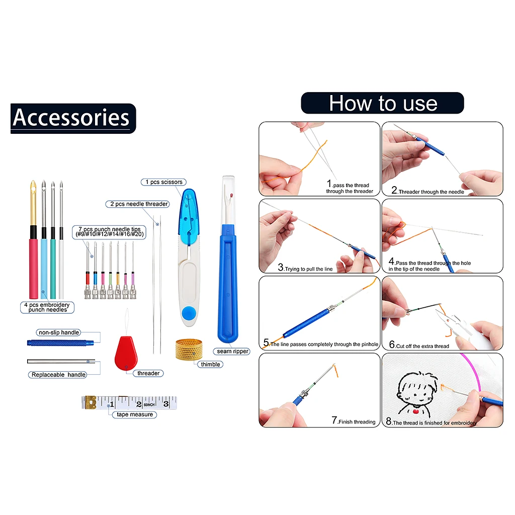 

Assorted Punch Needle Kit DIY Embroidery Hoop Knitting Threader Tools Set Set 1