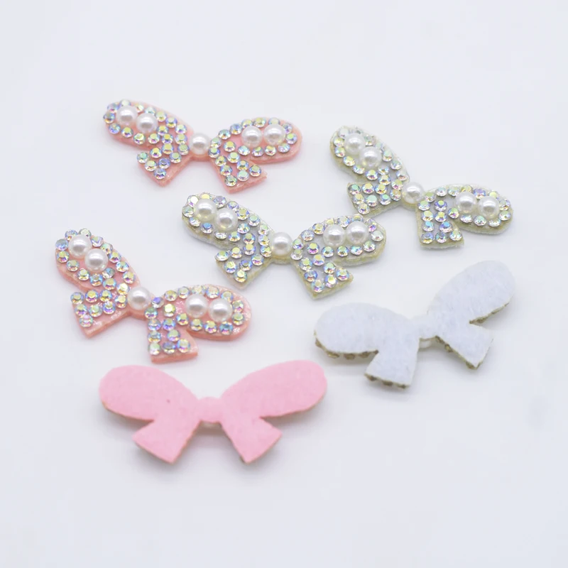 

20Pcs/lots Kawaii Pink & White Bowknot Tie Rhinestone Pearl Crystal Patches Decor Appliques Supply Cloth DIY Headwear Crafts