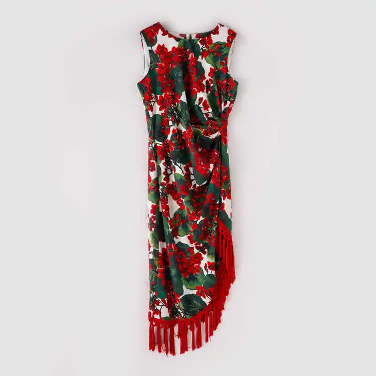 

runways Fall 2021 floral print sleeveless dress high quality elegant Irregular tassels dress women party dress B071