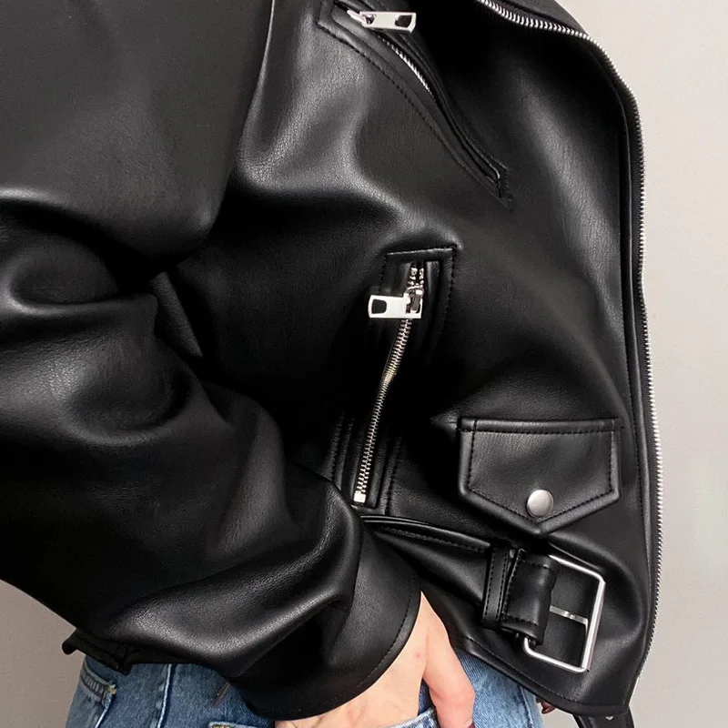 

New Spring Women Biker Leather Jacket Slim Fit Turn Down Collar Short Coat Outwear With Belt Black Pu Faux Leather Streetwear