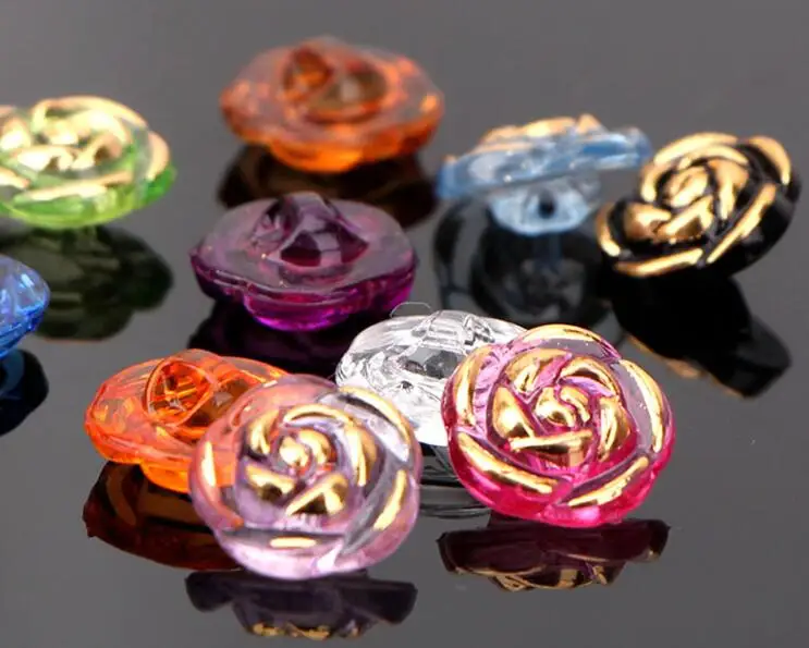 10pcs Crystal Buttons Candy Color Gold Edge Clear Rose Flower Acrylic Buttons for Decoration Handmade Craft Sewing Accessories