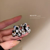 925 silver needle acrylic chessboard lattice bear earrings female korean diamond inlaid black and white square lovely e