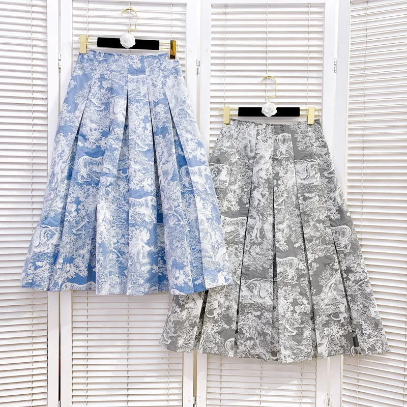 

Spring 2021 New Women High Waist Animal Pattern Print A- Line Skirt Lady Vintage Slimming Pleated All-match Mid-calf Skirt