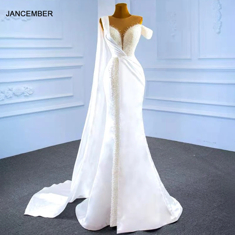 

J67238 JANCEMBER Elegant White One Shoulder Short Sleeve Fishtail Wedding Party Dress Beading Deep V-neck Long Trailing Gown