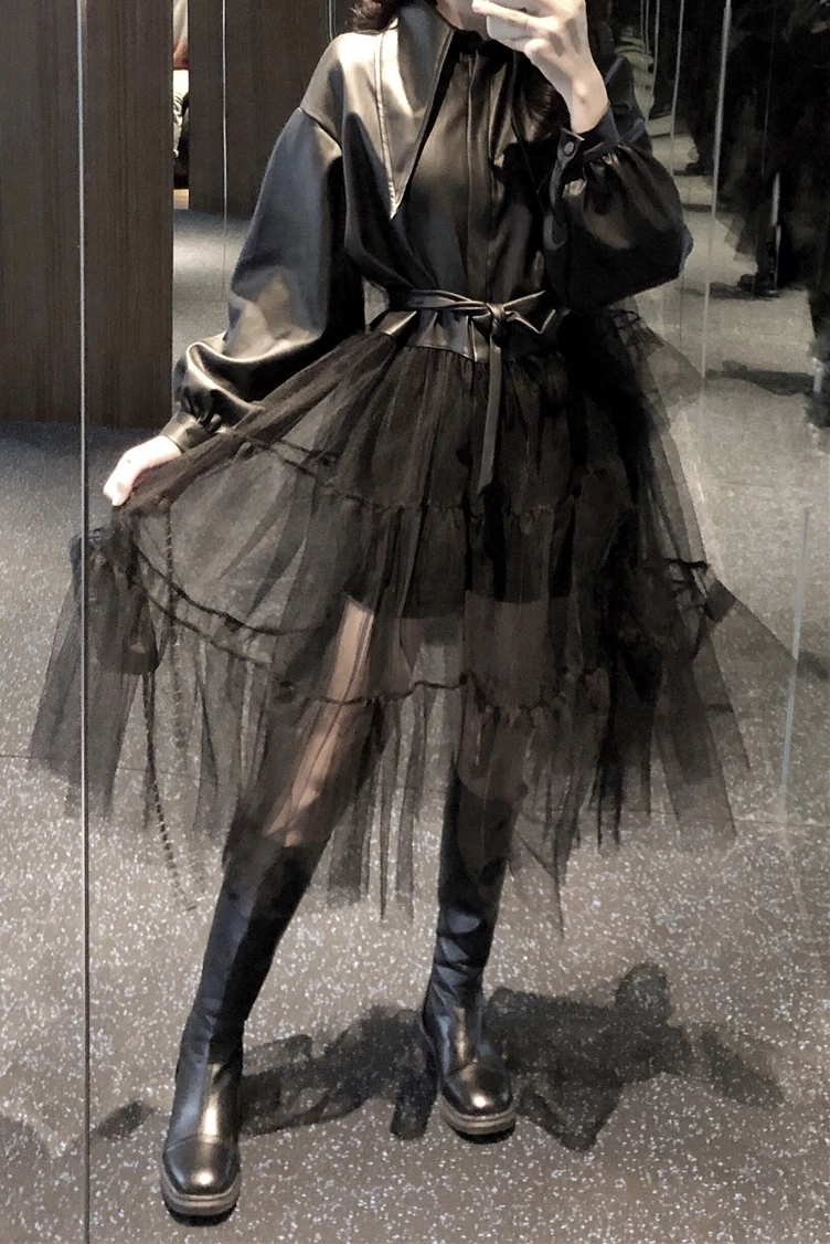 

Top sexy Women New Stylish pu leather Lace patchwork long coat Fashion Spring jacket for Women