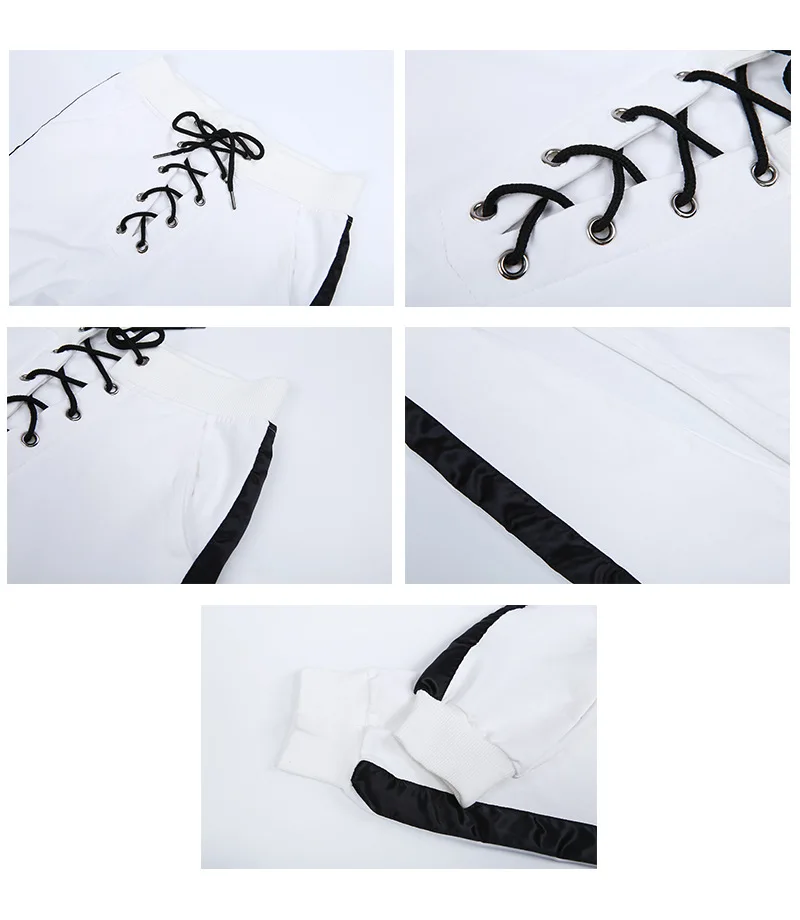 Женские Стрейчевые спортивные штаны с полосками сбоку, спортивные штаны, длинные леггинсы для женщин, бандажные кружевные белые спортивные штаны в Корейском стиле Харадзюку