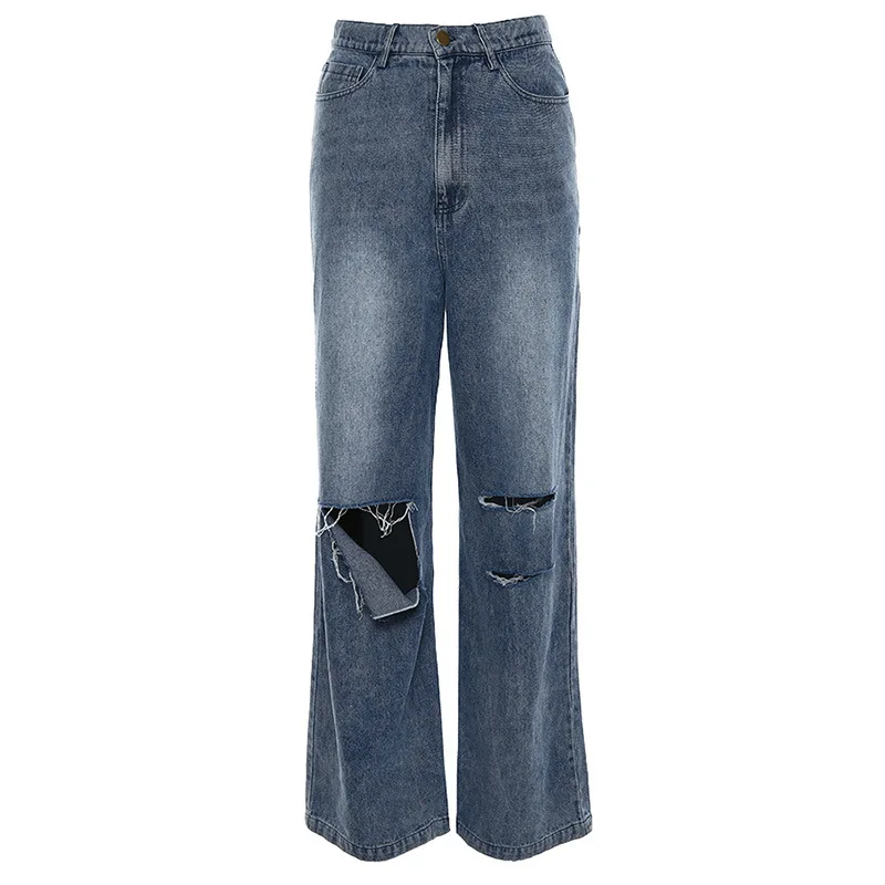 

Casual Loose High Waist Jeans Women 2021 Autumn Hole Destroyed Ripped Distressed Denim Trousers Jogger Streetwear Women Pants