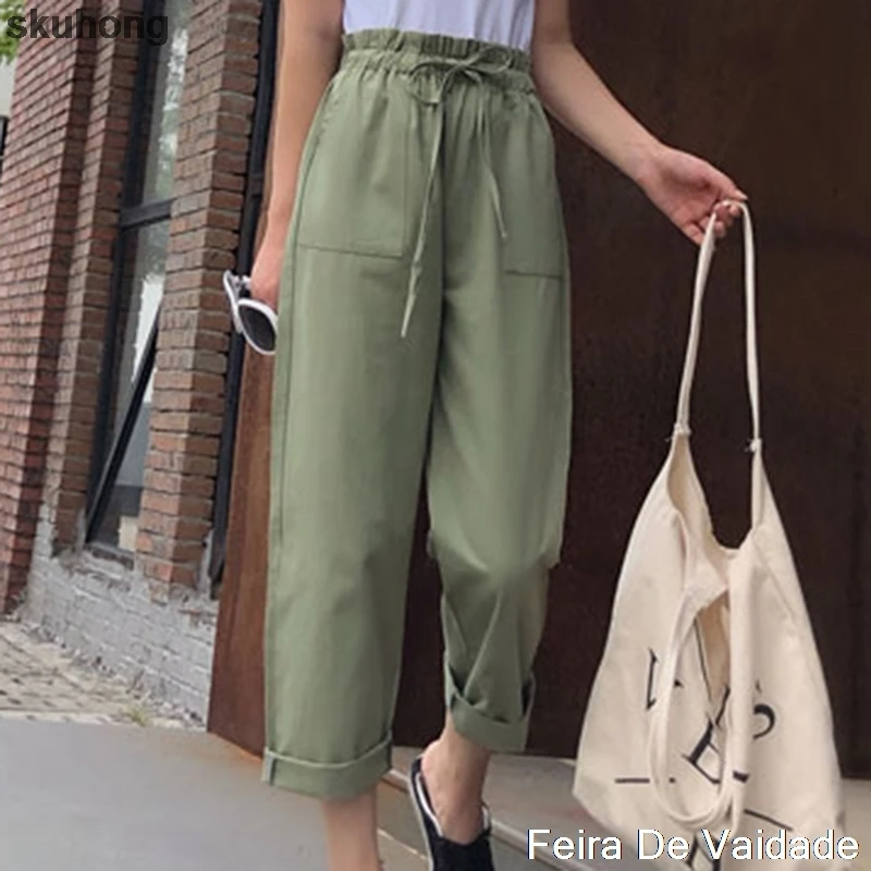 

Cotton Linen Pants Women Spring Summer Ankle-Length Trousers Female Elastic Waist Casual Loose Solid Harem Pants Plus Size