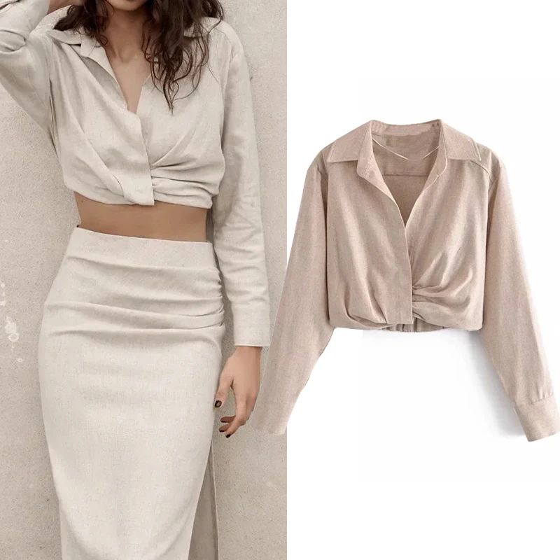 

Summer 2021 Khaki Linen Women Blouse Fashion Short Cropped Casual Large Size Blouses Woman Elegant Thin Folds Long Sleeve Top