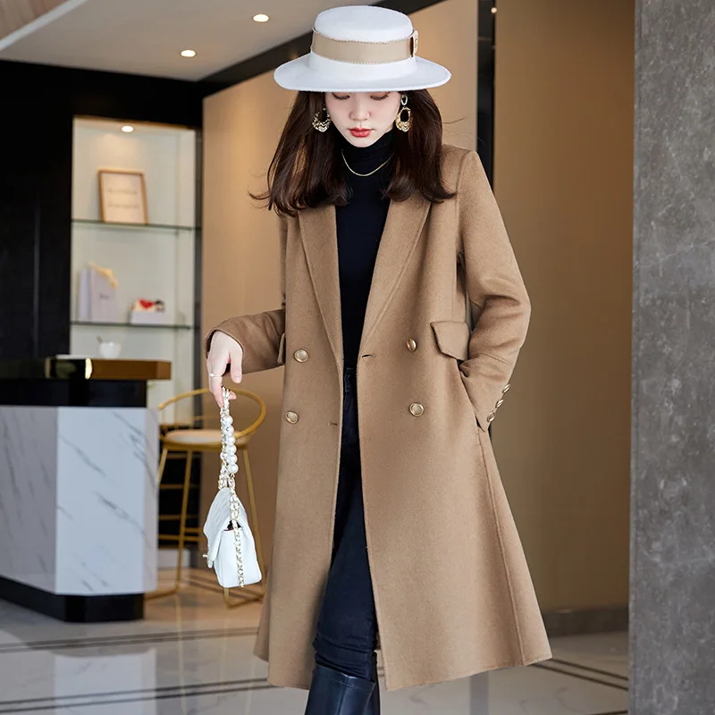 

Осенне-зимнее Новое Однотонное шерстяное пальто, женское модное темпераментное, длинное двухстороннее кашемировое пальто выше колена