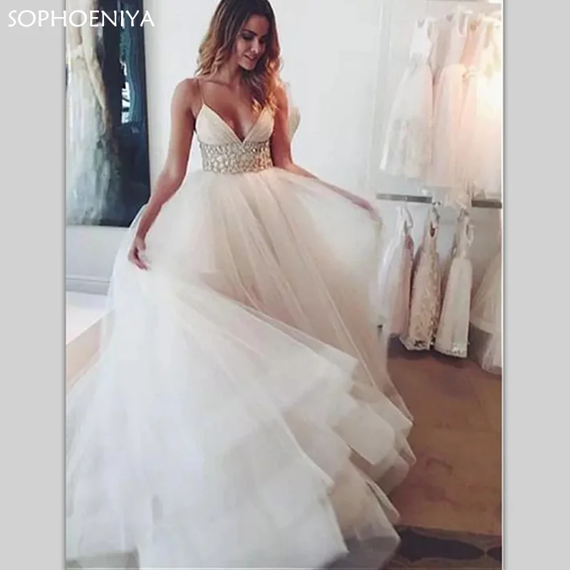 

New Arrival Spaghetti Straps Wedding Dresses A-line Tulle Beaded Vintage Bridal Dress Vestido De Noiva Wedding Gown Sukienka