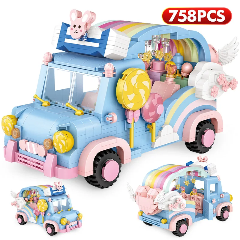 

758PCS Mini Romantic Rainbow Car Building Blocks Friends Cute Vehicle Home Decoration DIY Bricks Toys for Girls Children Gift