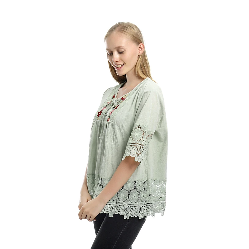 

Women Blouses 2021 Fashion Half Sleeve O Neck Shirts Bohemia Casual Loose Lace Patchwork Blouse Blusas Femme